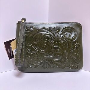 Patricia Nash Large Wrislet, Olive Green with Embossed Floral Design, NWT